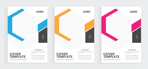 A4 annual report book cover design. Modern business annual report sell sheet design. Abstract hexagon shape creative planning brochure. Corporate brand identity booklet, company profile layout.