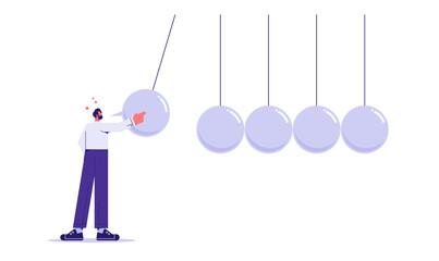 Businessman in front of newton's cradle with a chat bubble, effect of speech or communication, Gossip and fake news