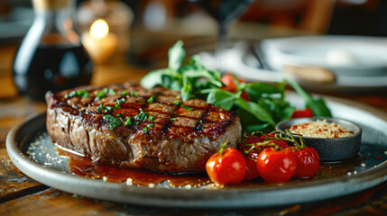 gourmet steak meat on dish with herbs and spices delicious tasty food in restaurant - obrazy, fototapety, plakaty
