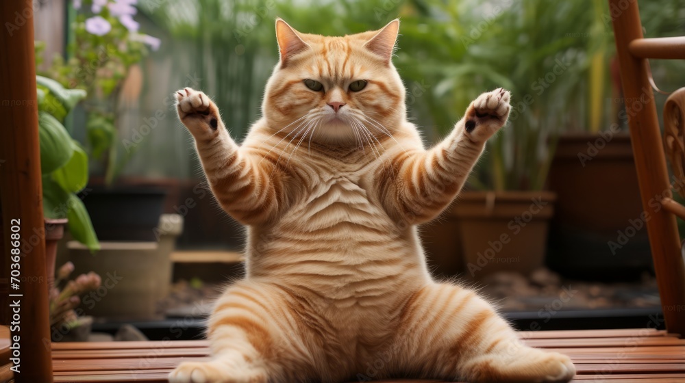 Poster comical cat attempting to mimic a yoga pose with amusing results