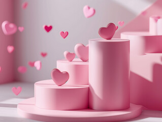 3d cylinder podium in Valentine day theme decorated with hearts. Backdrop scene for product display.