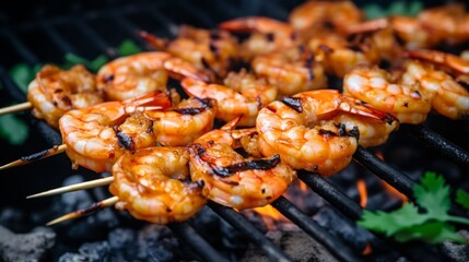 Skewers of marinated BBQ prawns grilling to perfection