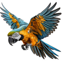 Beautifully yellow and blue parrot macaw bird isolated on a transparent background - obrazy, fototapety, plakaty