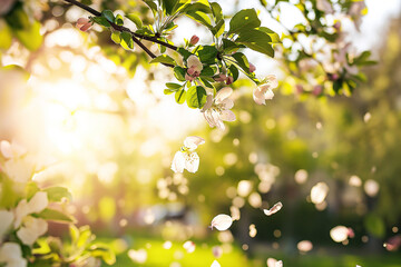 Spring background of a branch of a blossoming apple tree with falling petals, blurred background, backlight