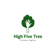 Tree With High Five Hand Negative Space, Nature Eco Joyful Logo Template Vector Icon