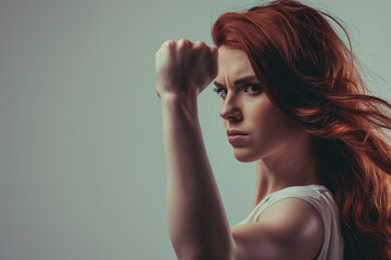 Fototapeta premium woman with flowing hair with raised fist, girl power