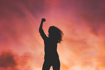 silhouette of a woman with flowing hair with her fist raised up in the sunset sky, girl power