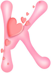 Alphabet letter K isolated illustration, valentine's Day theme with red hearts, set of illustrations alphabet A - Z