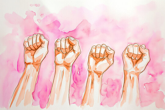 women's fists raised up, watercolor, girl power