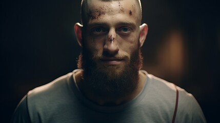 Obraz premium Strong Bearded Man with Minor Facial Injuries
