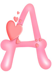 Alphabet letter A isolated illustration, valentine's Day theme with red hearts, set of illustrations alphabet A - Z