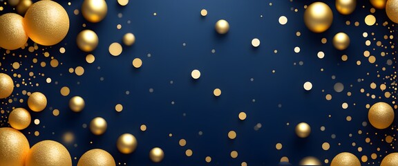 Abstract dark blue background with particles and golden shiny star dust. A navy blue backdrop adorned with a shimmering cascade of golden light. Generative AI