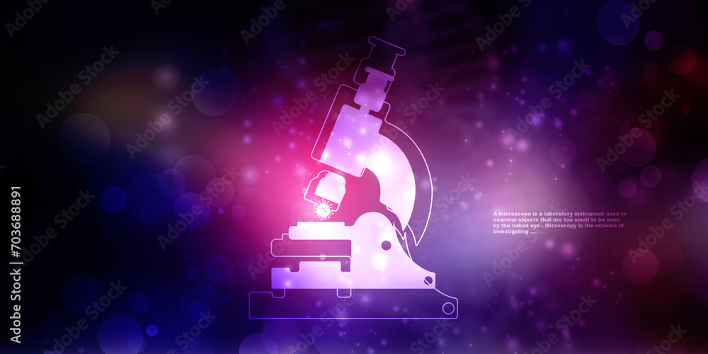 Poster 2d rendering virus testing microscope with medicine bottle