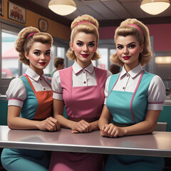 Retro Diner Waitress - Illustration of a character in 80s-style waitress uniform and hairstyle, portrayed in rich vibrant hues with cultural patterned overlays Gen AI - obrazy, fototapety, plakaty