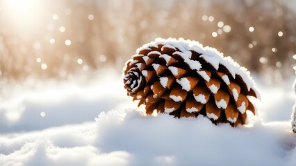 Single snow-covered pinecone resting on a bed of pristine white snow, macro photography