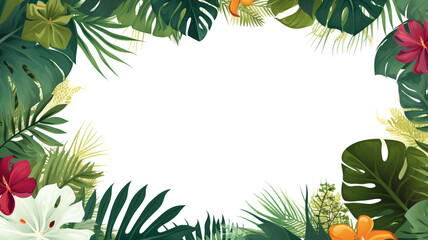 Tropical leaves and large exotic flowers frame