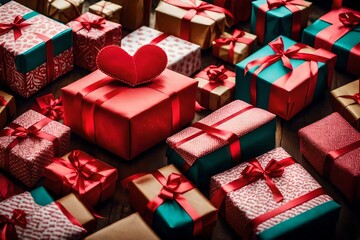 A heart-shaped lollipop nestled among gift boxes