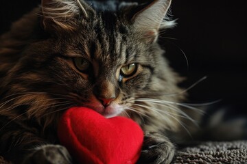 cat with plush soft red heart Lover Valentine cat with a red heart