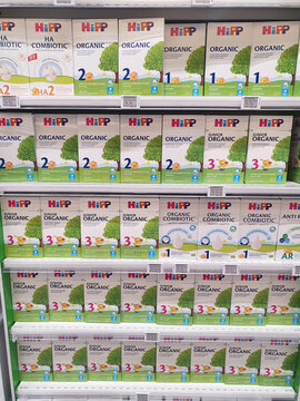 BUCHAREST, ROMANIA - JANUARY 03, 2024. Hipp Junior Organic, Baby Milk Formula, powdered milk for babies in a store ready to be sold