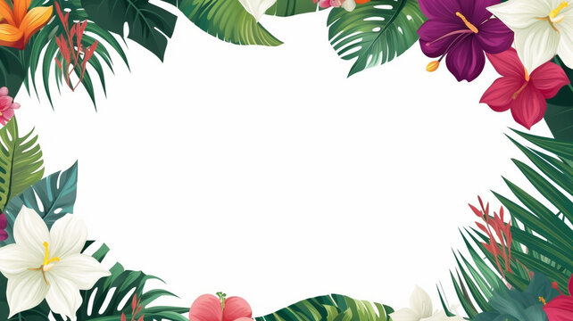 Tropical leaves and large exotic flowers frame