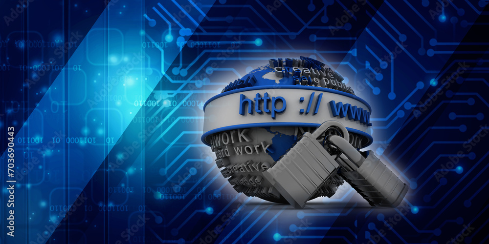 Poster 3d rendering https www sign on globe protected lock