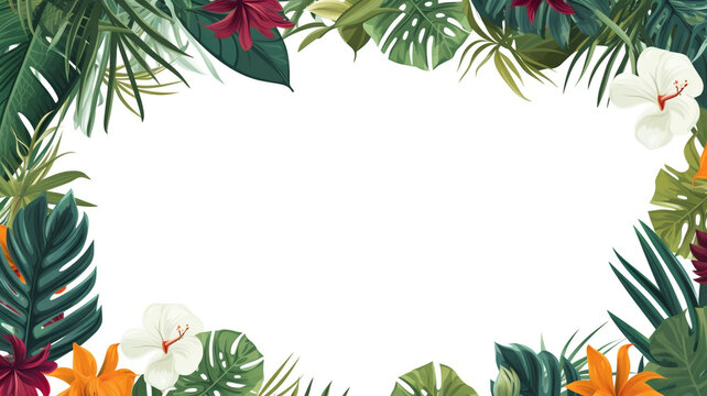 Tropical leaves and large exotic flowers frame