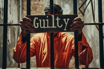 Guilty concept image with man in jail orange jumpsuit with a sign with written word guilty with prison background to represent guilt - obrazy, fototapety, plakaty