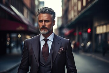Fototapeta premium Confident businessman in suit with city backdrop.