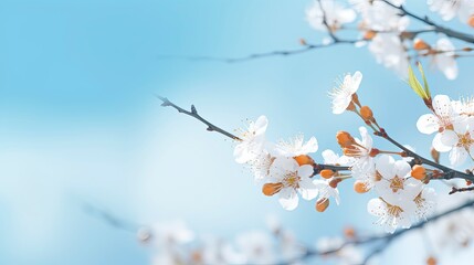 Beautiful spring flowers abstract nature background. Macro branches of blooming apricots in soft focus on a soft light blue sky background.  with copy space - generative ai