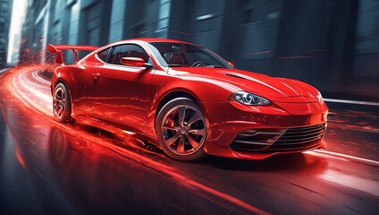 Fototapeta premium Red sports car on the road with motion blur. Generative Ai