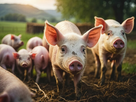 cute piglets on farm. Generative Ai