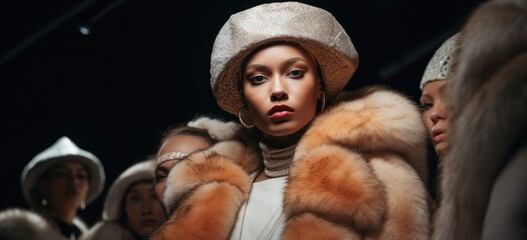 Fototapeta na wymiar Fashion models wearing elegant fur coats at high-end runway show. Luxury fashion and style. Banner.