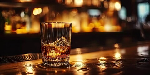 Golden elegance. Sophisticated composition of whiskey tumbler on wooden table featuring rich amber hues ice cubes and luxurious atmosphere for opulent bar experience