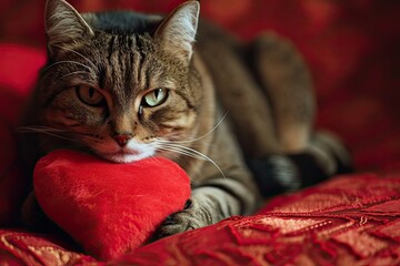 cat with plush soft red heart Lover Valentine cat with a red heart