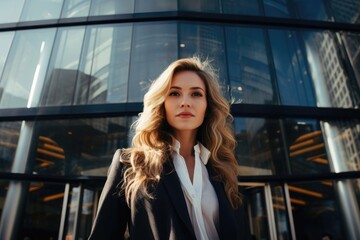 Fototapeta premium Curly-haired businesswoman against a modern building.
