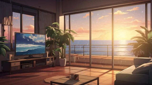 virtual backgrounds stream wallpaper cozy lo-fi virtual backgrounds, stream overlay 4k loop, vtuber asset twitch zoom OBS screen, anime lo fi chill hip hop atmosphere 