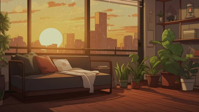 virtual backgrounds stream cozy lo-fi living room. 4k,  loop, vtuber asset twitch zoom OBS screen, anime chill aesthetic 