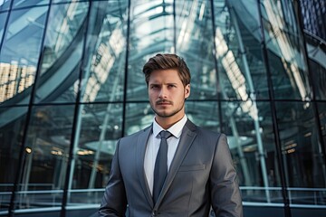 Dapper businessman in front of a glass building.