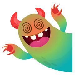 Cartoon scary monster with funny face expression waving hands . Vector illustration isolated on white. Halloween design