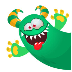 Cartoon scary monster with funny face expression waving hands . Vector illustration isolated on white. Halloween design