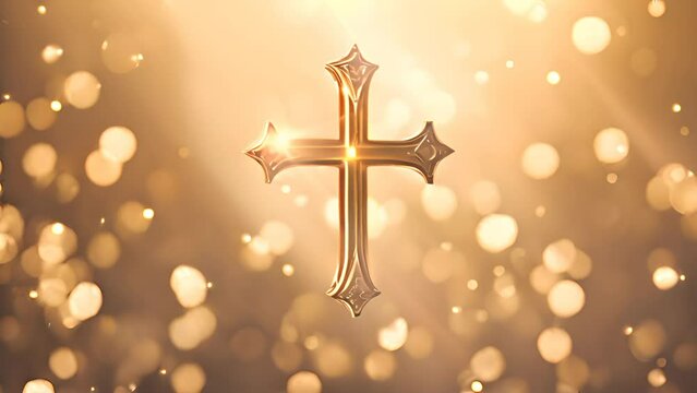 Golden cross with sparkling lights in background. Spirituality and religion.