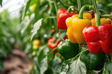 Growing sweet peppers in a greenhouse close-up.