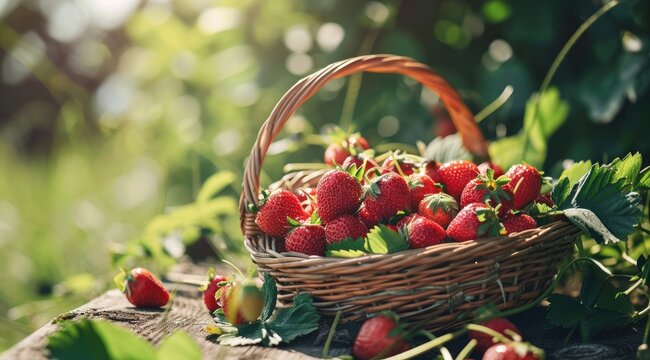 Basket of ripe strawberries in on sunny day.