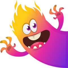 Cartoon scary monster with funny face expression waving hands . Vector illustration isolated on white. Halloween design