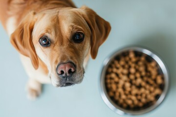 cute little dog next to a bowl of dogfood looking up at the camera