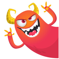 Cartoon scary monster with funny face expression waving hands . Vector illustration isolated on white. Halloween design