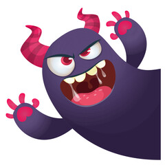 Cartoon funny monster with scary face expression waving hands . Vector illustration isolated on white. Halloween design or party decoration