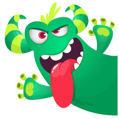 Cartoon scary monster with funny face expression waving hands . Vector illustration isolated on white. Halloween design