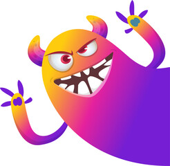 Cartoon cute monster with funny excited face expression waving hands . Vector illustration isolated on white. Halloween design