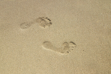 Footprints of bare feet on a sandy beach in Ulcinj. Montenegro